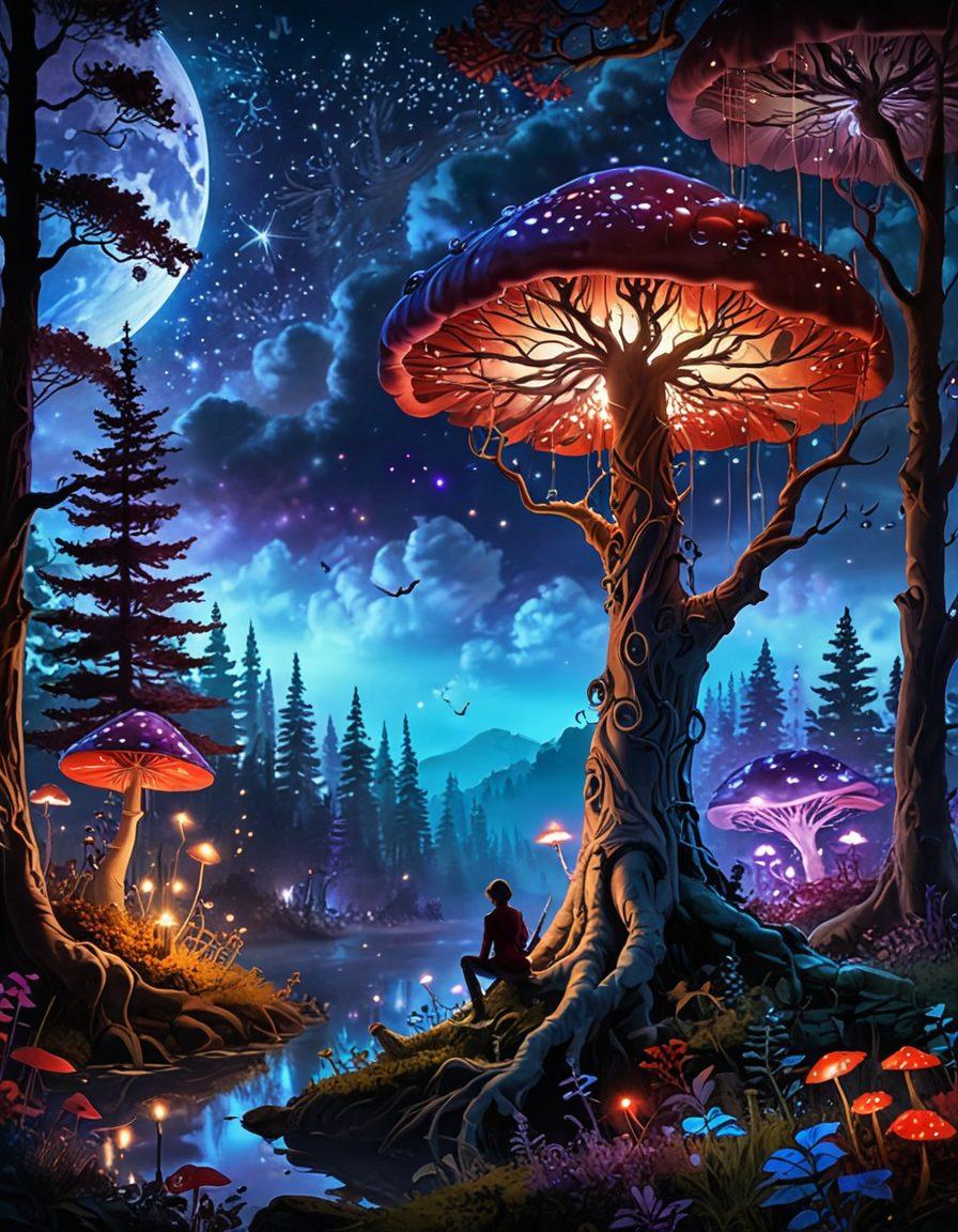 A mystical landscape featuring an ancient, enchanted forest filled with vibrant, oversized mushrooms and floating lights. A silhouette of a writer seated on a whimsical tree branch, pen in hand, surrounded by scrolls and fantasy creatures like dragons and fairies, illustrating the essence of creativity. The scene should exude a magical atmosphere with swirling clouds and twinkling stars in the night sky. fantasy art. vibrant colors. enchanting details.