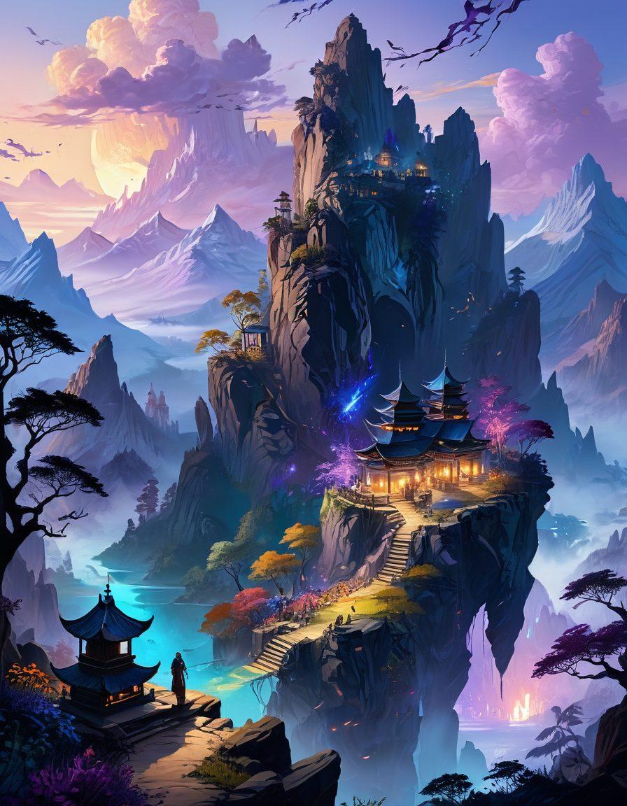 A majestic fantasy landscape featuring towering mountains and an ancient city, with characters engaged in the act of world-building, such as drawing maps and crafting stories. Incorporate a mystical aura with vibrant colors, showcasing magical elements like floating lanterns and enchanted flora. In the foreground, include iconic symbols of fantasy literature like open books and quills. The scene should feel immersive and whimsical, inviting the viewer into a realm of imagination. digital painting. vibrant colors. fantasy style.