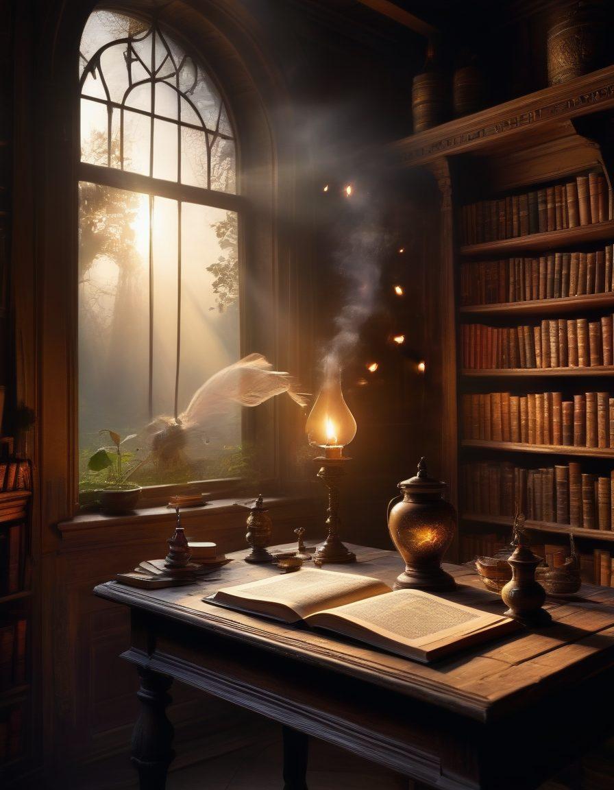 A mystical library filled with ancient books glowing softly, surrounded by shadowy figures representing fantasy characters, while a quill and inkpot sit on a wooden table invitingly. Ethereal wisps of light float around, hinting at the depth of stories within. The atmosphere is enchanting and thought-provoking, invoking a sense of adventure and creativity. super-realistic. vibrant colors. atmospheric lighting.